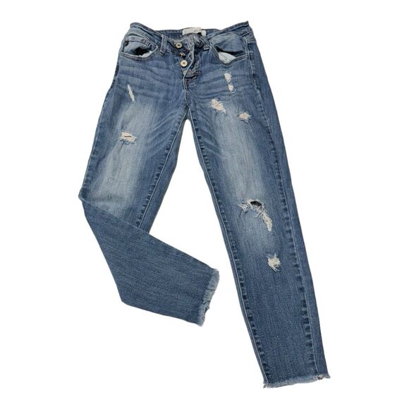 KanCan Jeans Womens 5/26‎ Mid Rise Skinny Button Fly Distressed Raw Hem Blue - Picture 1 of 14